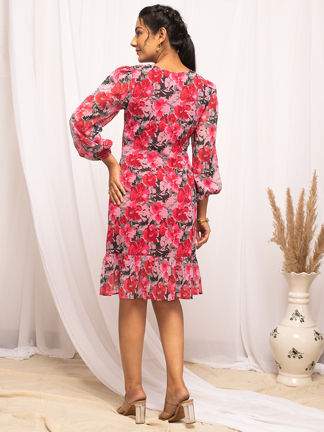 FIORRA Women's Red Georgette Floral Printed  Dress